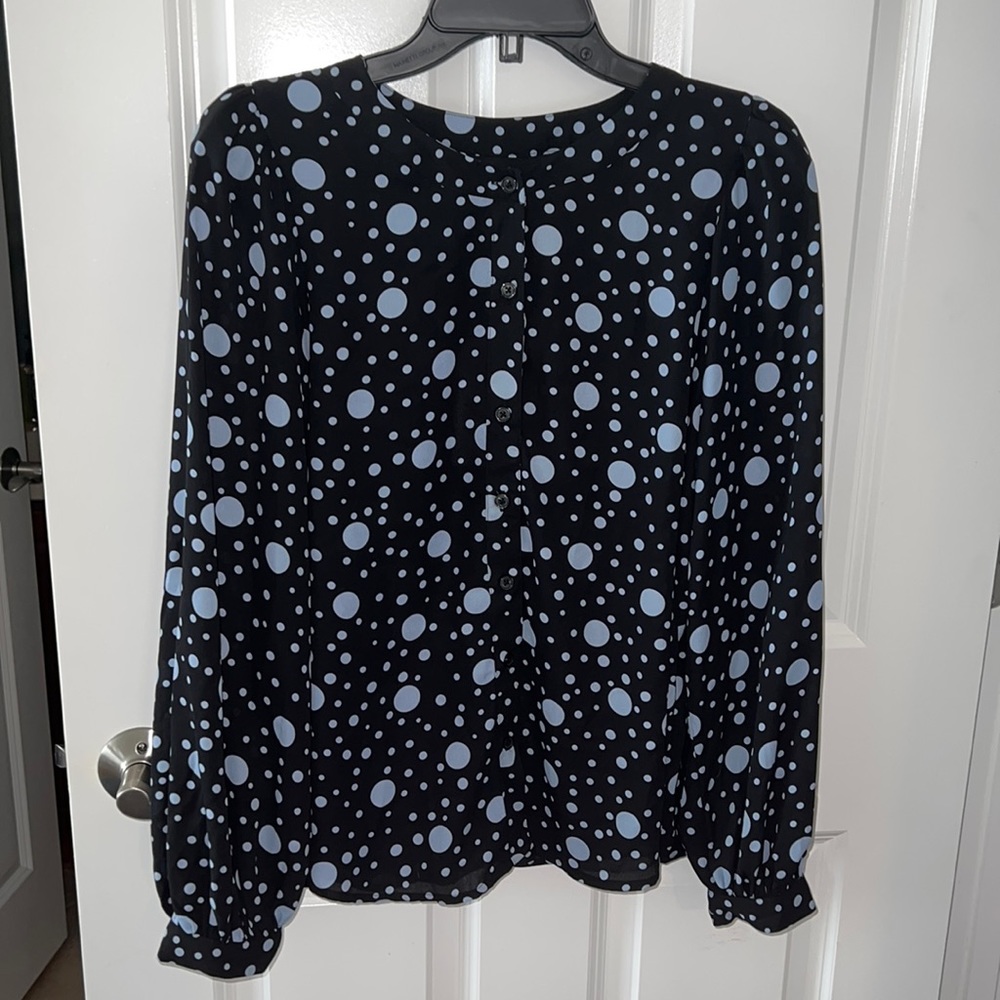 Size M Who What Where black with blue polka dot dress top NWT